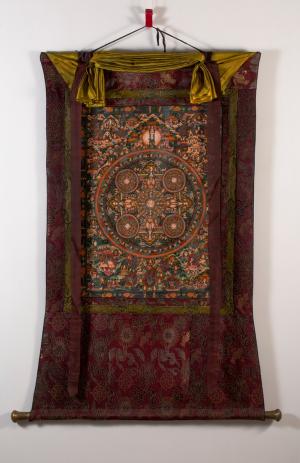 Vintage 30  Years Old Buddha Mandala Thangka | Original Hand Knit Khadi Flower Brocade Mounted Maroon Brocade
